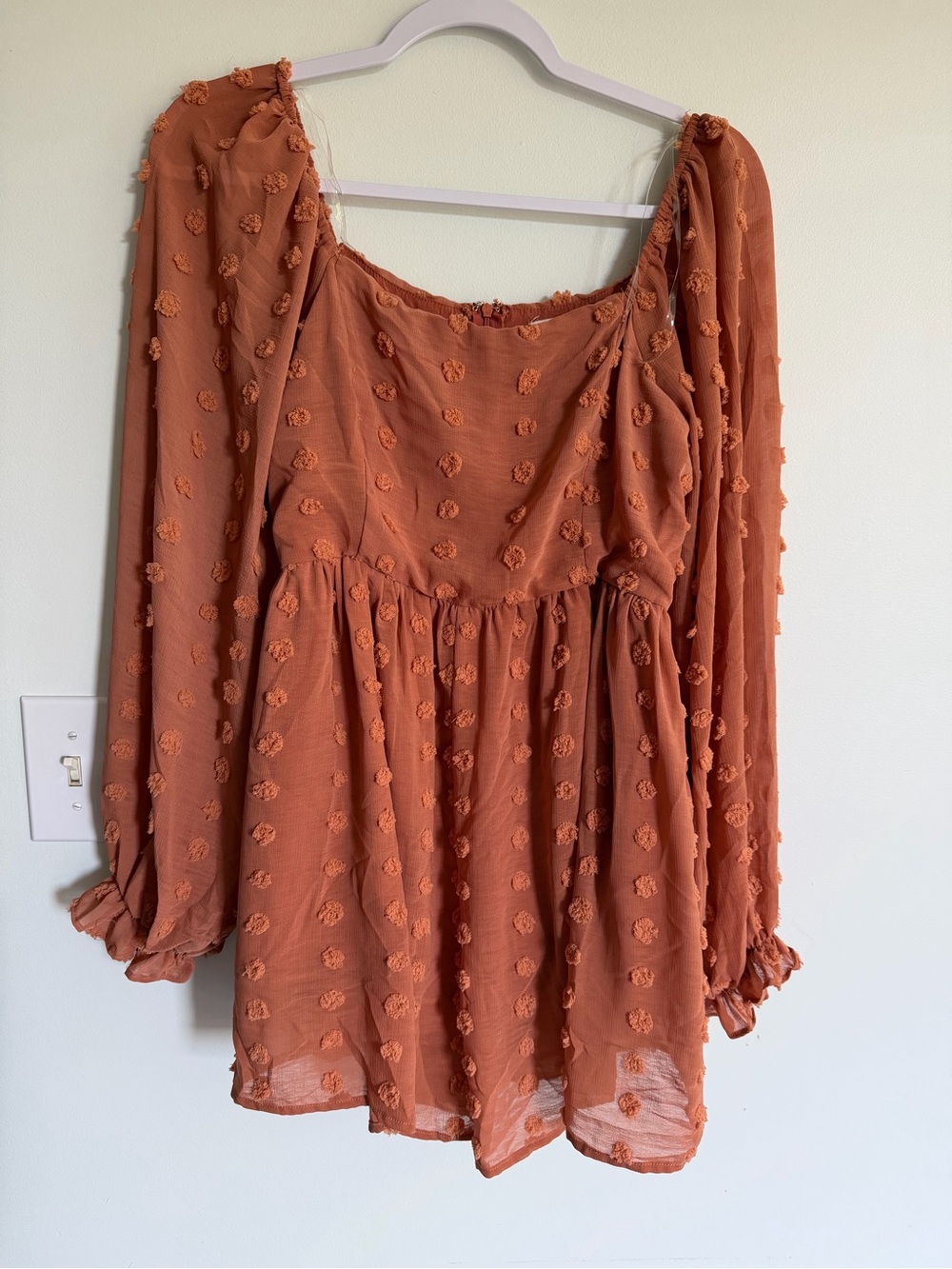Mainstrip Rust Orange Swiss Dot Peasant Shorts Romper Long Sleeve Event Guest